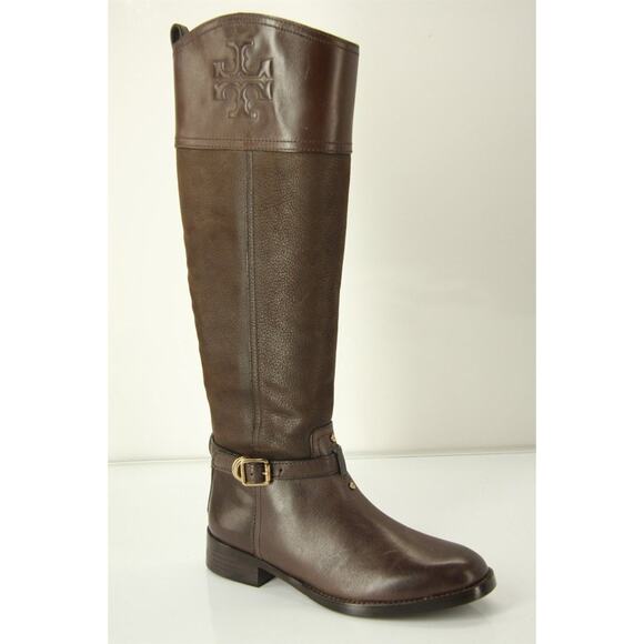 Tory Burch Brown Leather Simone Logo Embossed Riding Boots New Sz 5.5 - Picture 2 of 10